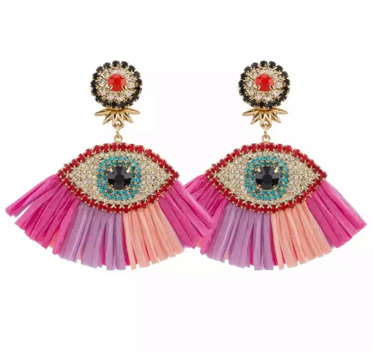 Evil Eye Fan Fringe Tassel Earrings