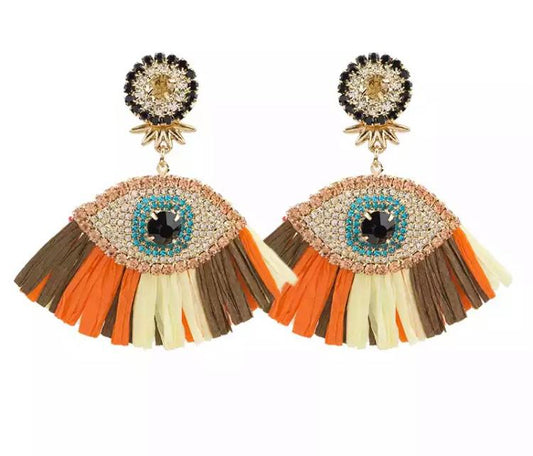 Evil Eye Fan Fringe Tassel Earrings